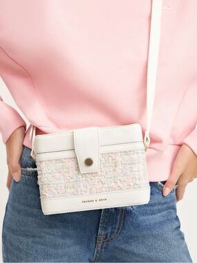 Charles & Keith Cream Tweed Mini Shoulder Bag Pastel Plaid Crossbody